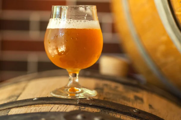 Light beer on a barrel — Stock Photo, Image