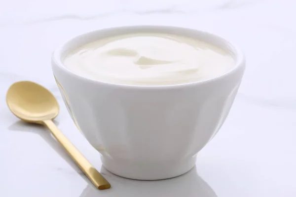 Delicious Nutritious Healthy Fresh Plain Yogurt Vintage Italian Carrara Marble — Stock Photo, Image