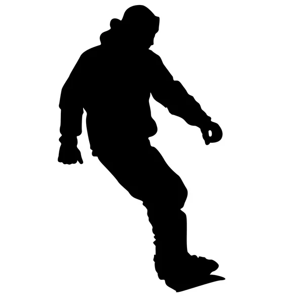 Czarne sylwetki snowboardzistów na białym tle. Pokazanego wektor — Wektor stockowy