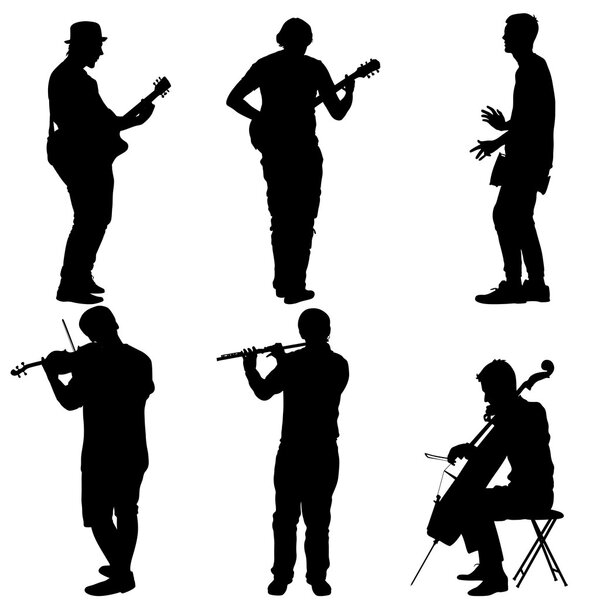 Силуэты уличных музыкантов, играющих на инструментах. Векторная иллюстрация
