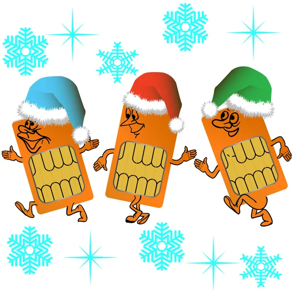 Tres tarjetas SIM van en traje de santa — Vector de stock