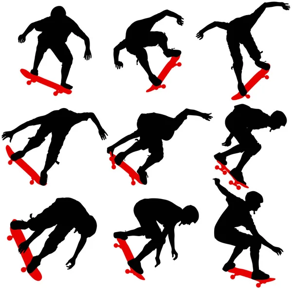 Набор ilhouettes скейтбордист выполняет прыжки. Векторная иллюстрация — стоковый вектор