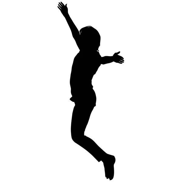 Jovem silhueta pulando com as mãos para cima, movimento. Ilustração vetorial — Vetor de Stock