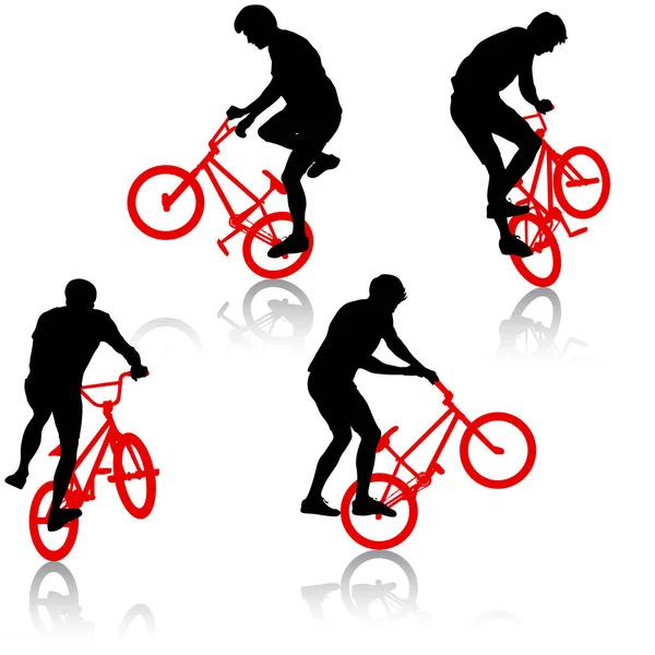 Conjunto silueta de un ciclista macho realizando piruetas acrobáticas. ilustración vectorial — Archivo Imágenes Vectoriales