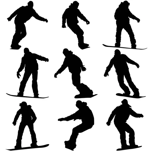 Установите черные силуэты сноубордистов на белом фоне. Вектор — стоковый вектор