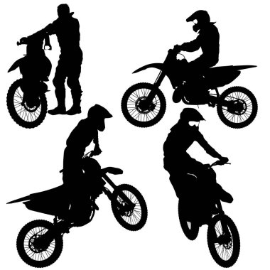 Motorcu motocross siluetleri, vektör çizim seti