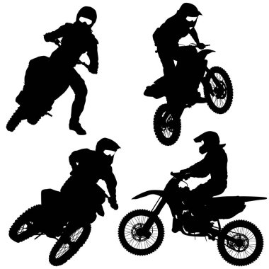 Motorcu motocross siluetleri, vektör çizim seti