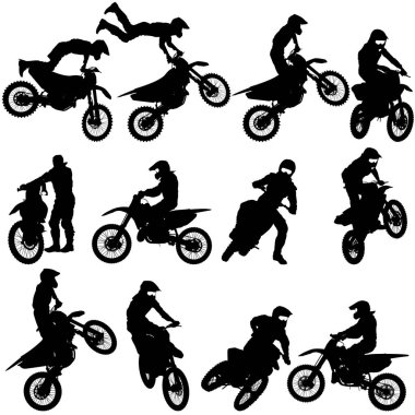 Motorcu motocross siluetleri, vektör çizim seti
