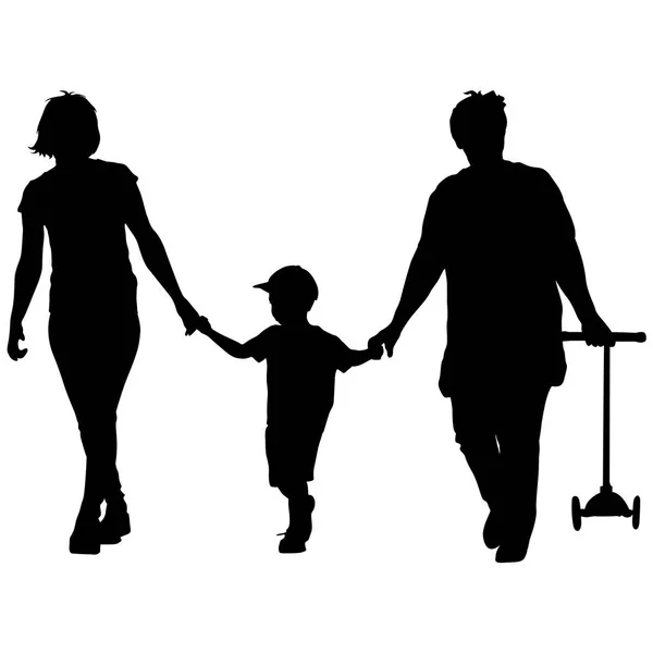Silueta negra de madre, abuela y nieto caminando con scooter en las manos. Ilustración vectorial — Vector de stock