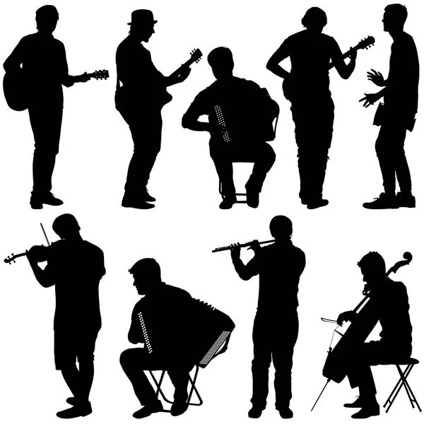 Siluetas músicos callejeros tocando instrumentos. Ilustración vectorial — Vector de stock