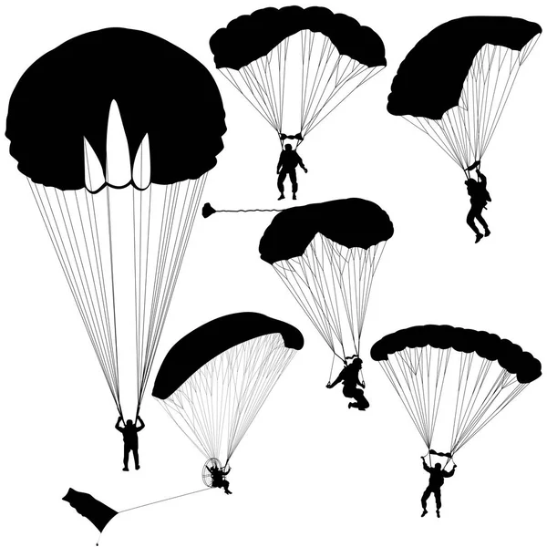 Fallschirmspringer gesetzt, Silhouetten Fallschirmspringen Vektor Illustration — Stockvektor