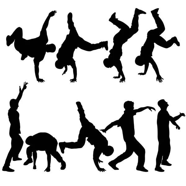 Siluetas breakdancer sobre fondo blanco. Ilustración vectorial — Vector de stock