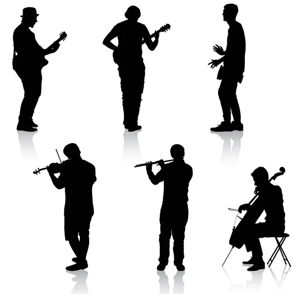 Silhuetas músicos de rua tocando instrumentos. Ilustração vetorial — Vetor de Stock