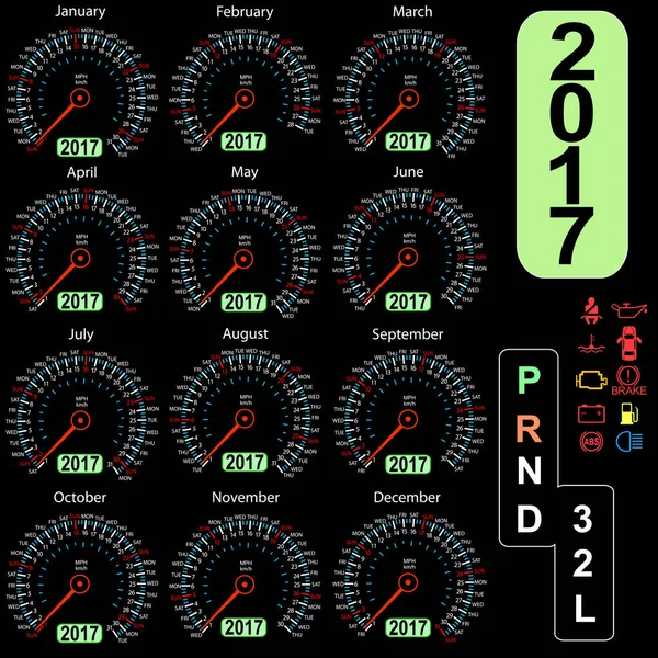 Anno 2017 calendario tachimetro auto in vettore — Vettoriale Stock