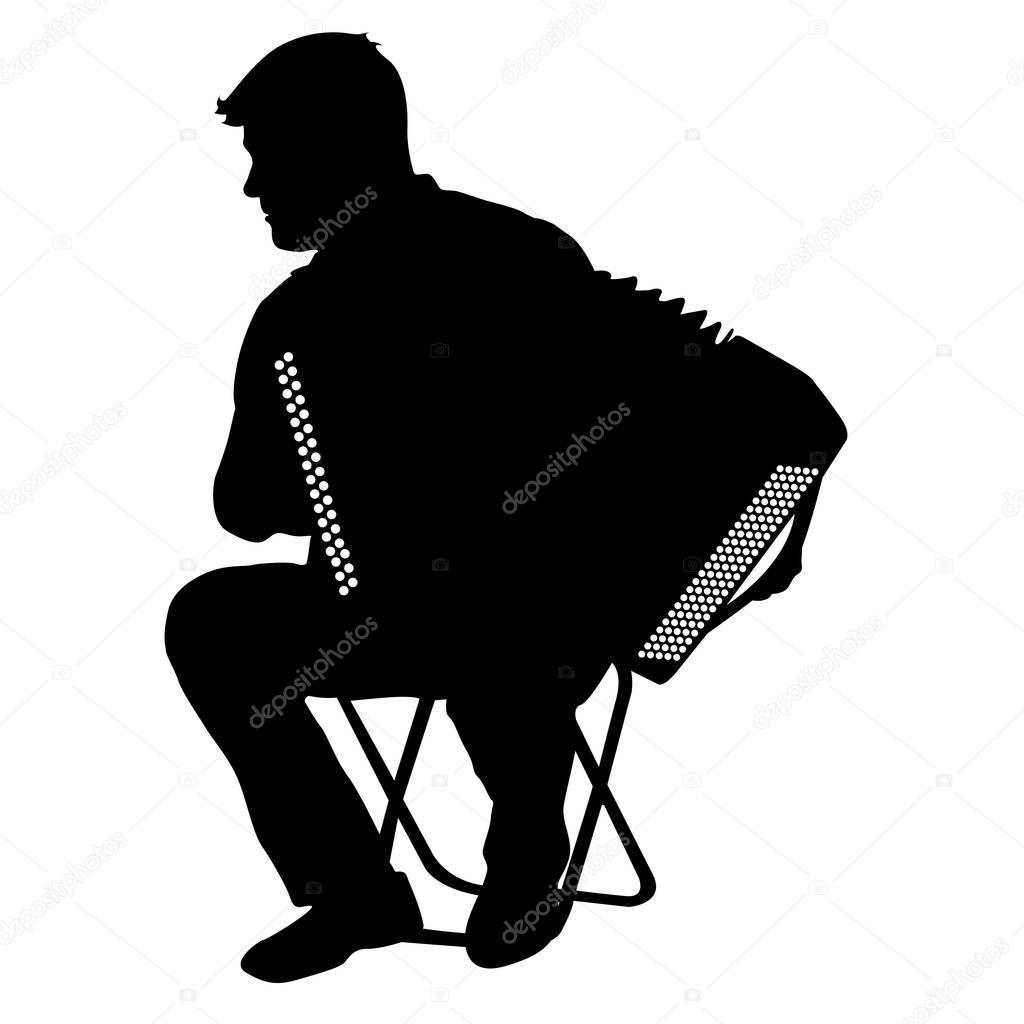 Silhouette musician, accordion player on white background, vector illustration