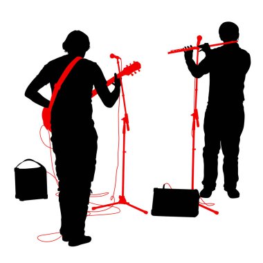 Siluetleri müzisyenler gitar ve flüt çalıyor. Vektör çizim