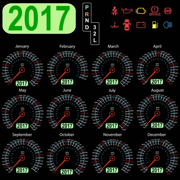 Año 2017 calendario velocímetro coche en vector — Vector de stock