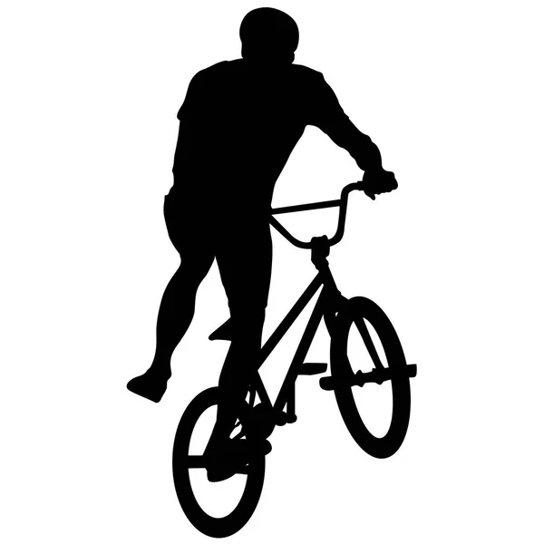 Conjunto silueta de un ciclista macho realizando piruetas acrobáticas. ilustración vectorial — Vector de stock