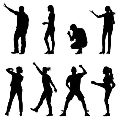 Siyah beyaz arka plan üzerinde güzel erkek ve kadın siluetleri ayarlayın. Vektör çizim