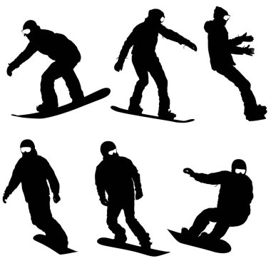 Beyaz arka plan üzerinde siyah siluetler snowboard ayarlayın. Vektör çizim