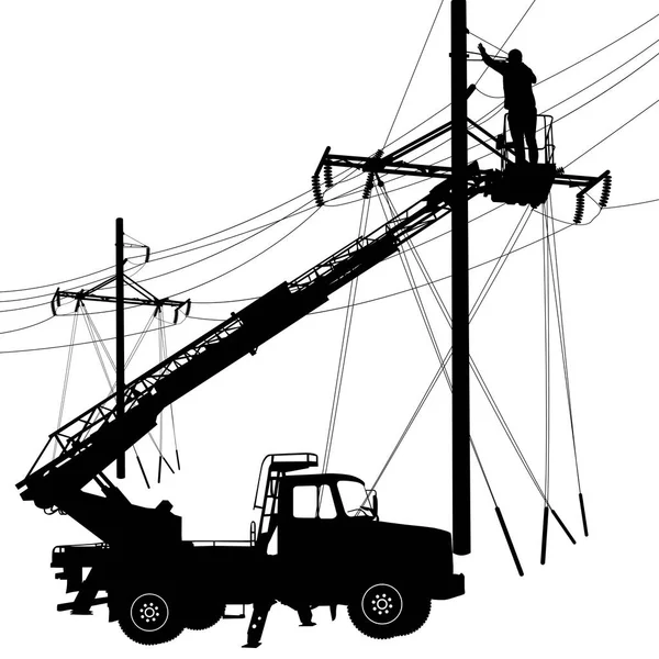 Electricista, haciendo reparaciones en un poste de energía. Ilustración vectorial — Archivo Imágenes Vectoriales