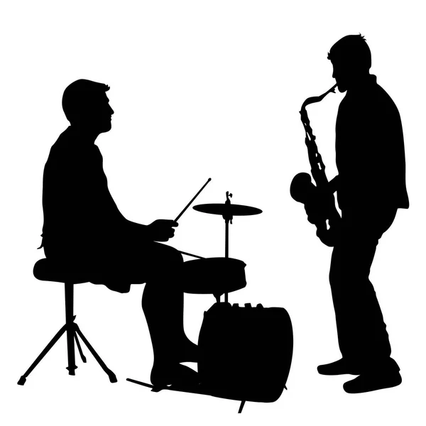 Silhouet zanger, drummer en saxofonist op witte achtergrond, vectorillustratie — Stockvector