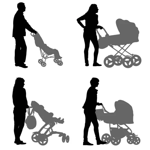 Set schwarze Silhouetten Familie mit Kinderwagen auf weißem Hintergrund. Vektorillustration — Stockvektor