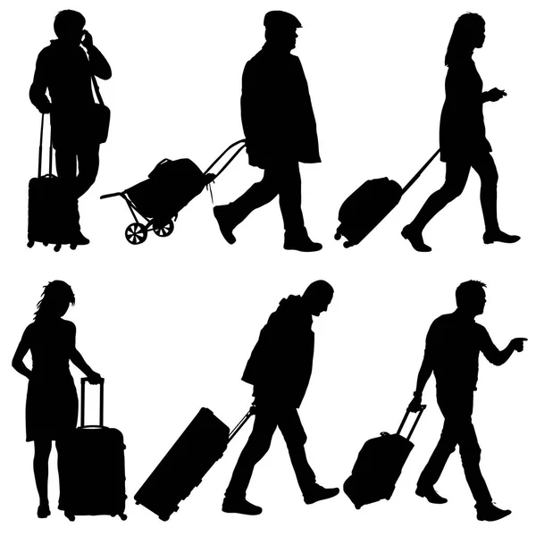 Черные силуэты путешественников с чемоданами на белом фоне. — стоковый вектор