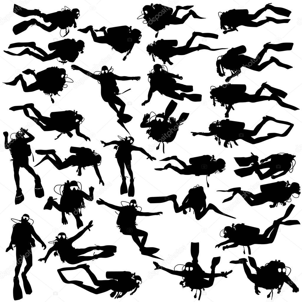 Set black silhouette scuba divers. Vector illustration