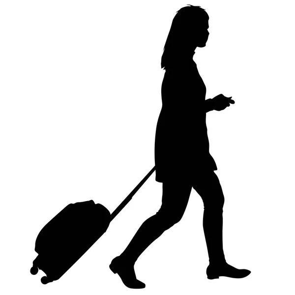 Silhouettes noires voyageurs avec valises sur fond blanc. — Image vectorielle