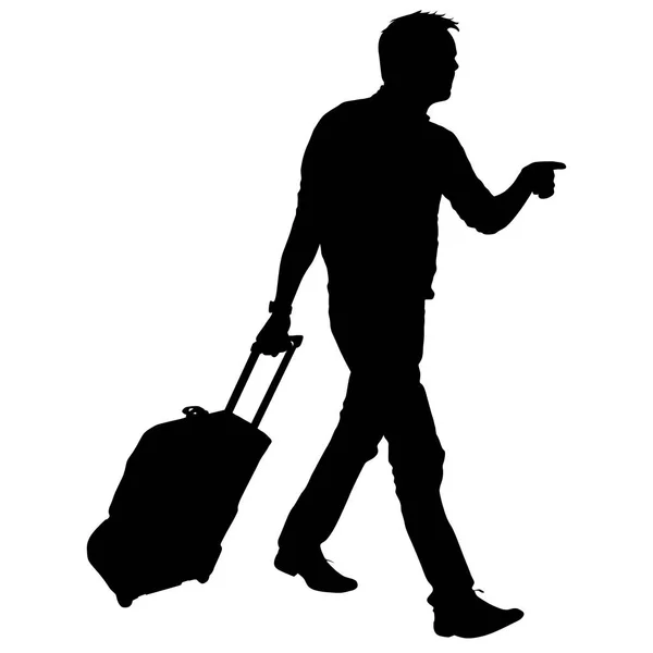 Czarna sylwetka podróżników z walizkami na białym tle. — Wektor stockowy