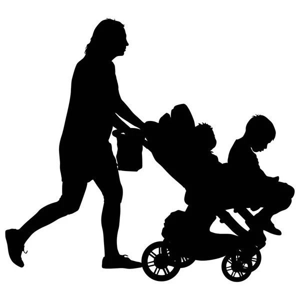 Silhouette nere Famiglia con carrozzina su sfondo bianco. Illustrazione vettoriale — Vettoriale Stock