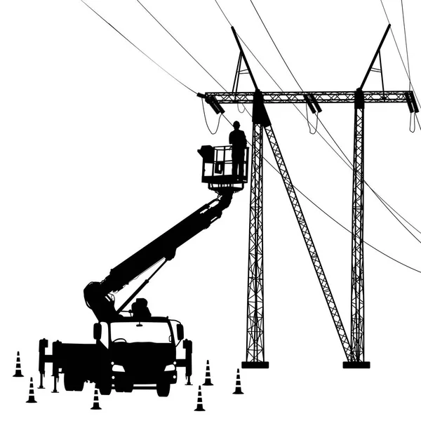 Electricista, haciendo reparaciones en un poste de energía. Ilustración vectorial — Archivo Imágenes Vectoriales
