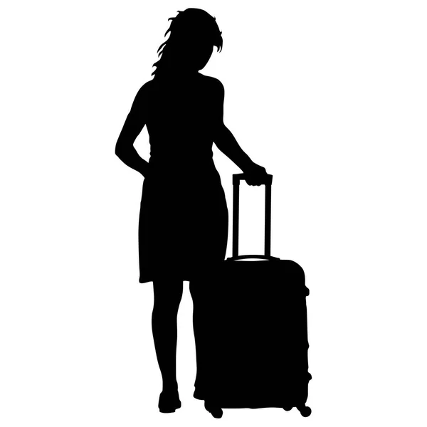 Silhouettes noires voyageurs avec valises sur fond blanc. — Image vectorielle