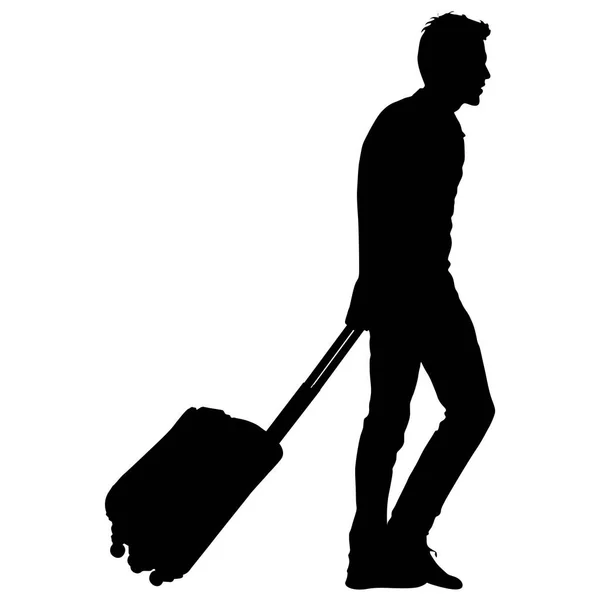 Czarna sylwetka podróżników z walizkami na białym tle. — Wektor stockowy