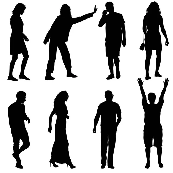 Silhouette noire groupe de personnes debout dans différentes poses — Image vectorielle