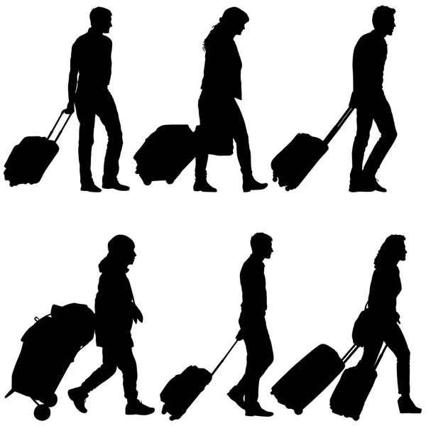 Για να ορίσετε μαύρες σιλουέτες ταξιδιώτες με βαλίτσες σε λευκό φόντο. Εικονογράφηση διάνυσμα — Διανυσματικό Αρχείο