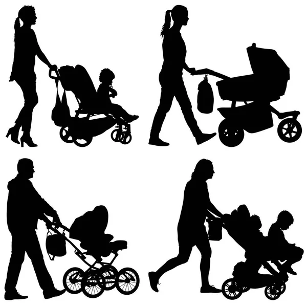 Set schwarze Silhouetten Familie mit Kinderwagen auf weißem Hintergrund. Vektorillustration — Stockvektor