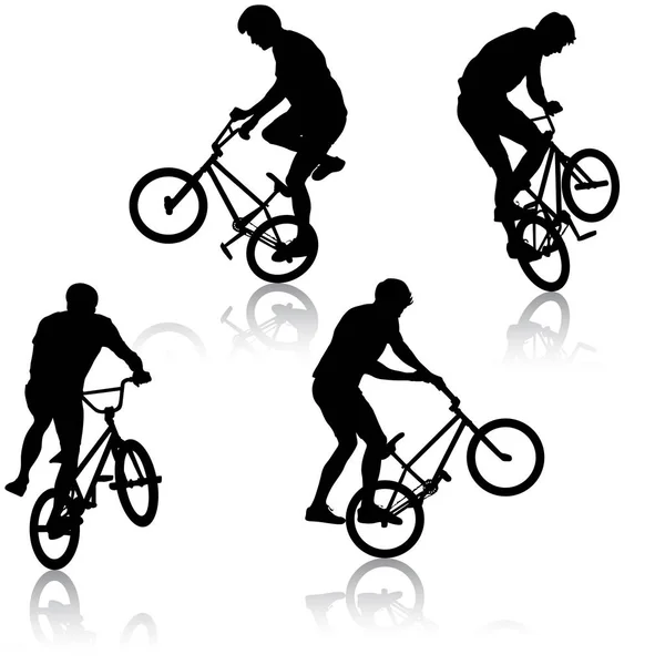 Conjunto silueta de un ciclista macho realizando piruetas acrobáticas. ilustración vectorial — Archivo Imágenes Vectoriales