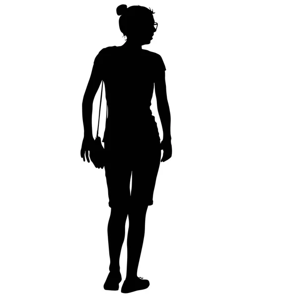 Black silhouette woman standing, people on white background — Stock Vector