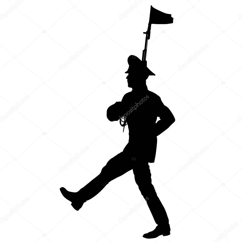 Black silhouette soldier is marching with arms on parade