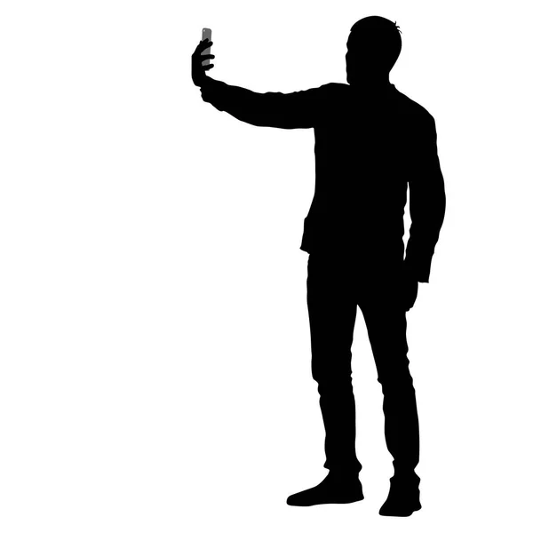 Silhuetter man tar selfie med smartphone på vit bakgrund. Vektorillustration — Stock vektor