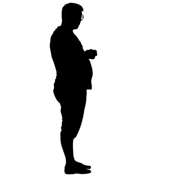 Черный силуэт толстый человек стоит, люди на белом фоне — стоковый вектор