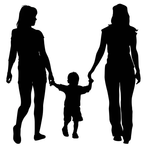 Black silhouettes lesbian couples and family with children — Stock Vector