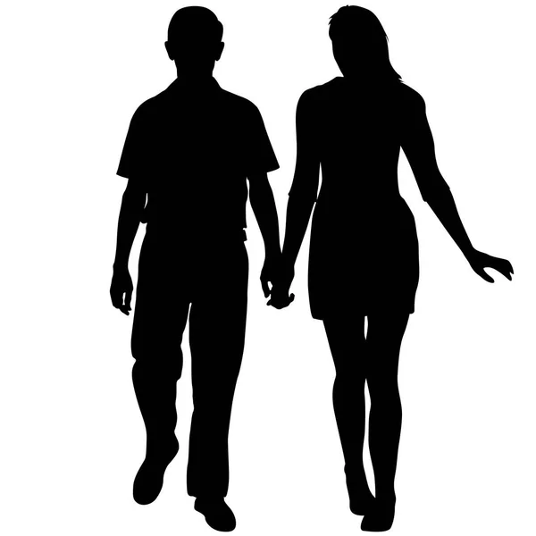 Silueta hombre y mujer caminando de la mano — Vector de stock