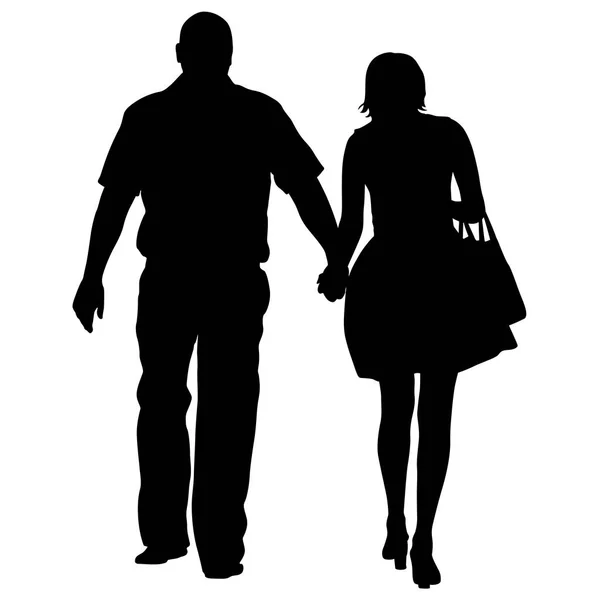 Silhouette Mann und Frau gehen Hand in Hand — Stockvektor