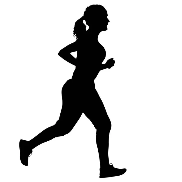 Czarna sylwetka Biegacze sprint kobiet na białym tle — Wektor stockowy