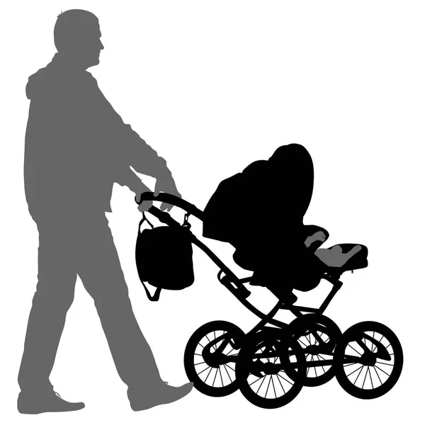 Black silhouettes father with pram on white background. Vector illustration — Stock Vector