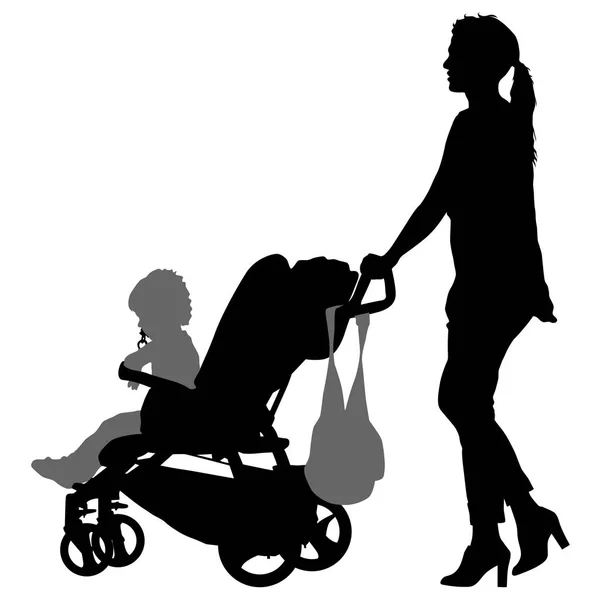 Silhouette nere Famiglia con carrozzina su sfondo bianco. Illustrazione vettoriale — Vettoriale Stock