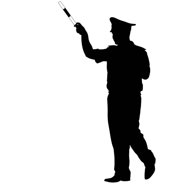 Svarta silhuetter av polis med ett spö på vit bakgrund — Stock vektor